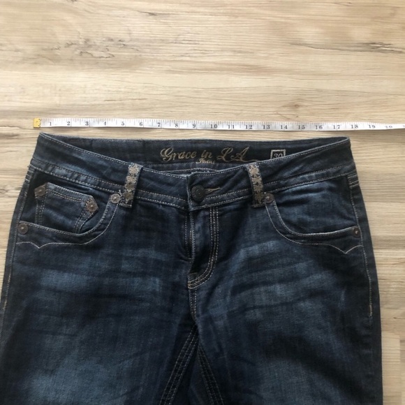 Grace in LA Dark Blue Flare Jeans Denim Cross Embellished Back Pockets Western - Picture 4 of 8